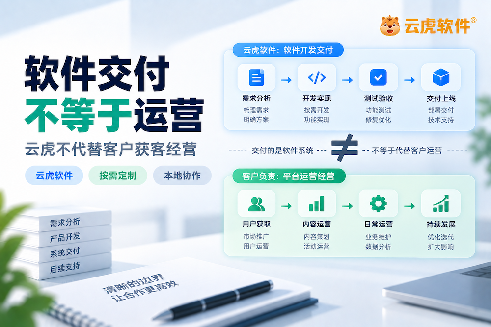 云虎软件开发交付部署技术支持与客户平台运营责任边界示意