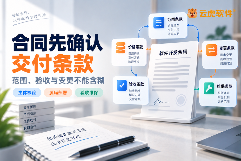 筛选软件开发公司时,合同里必须确认哪些交付条款?核验与决策示意