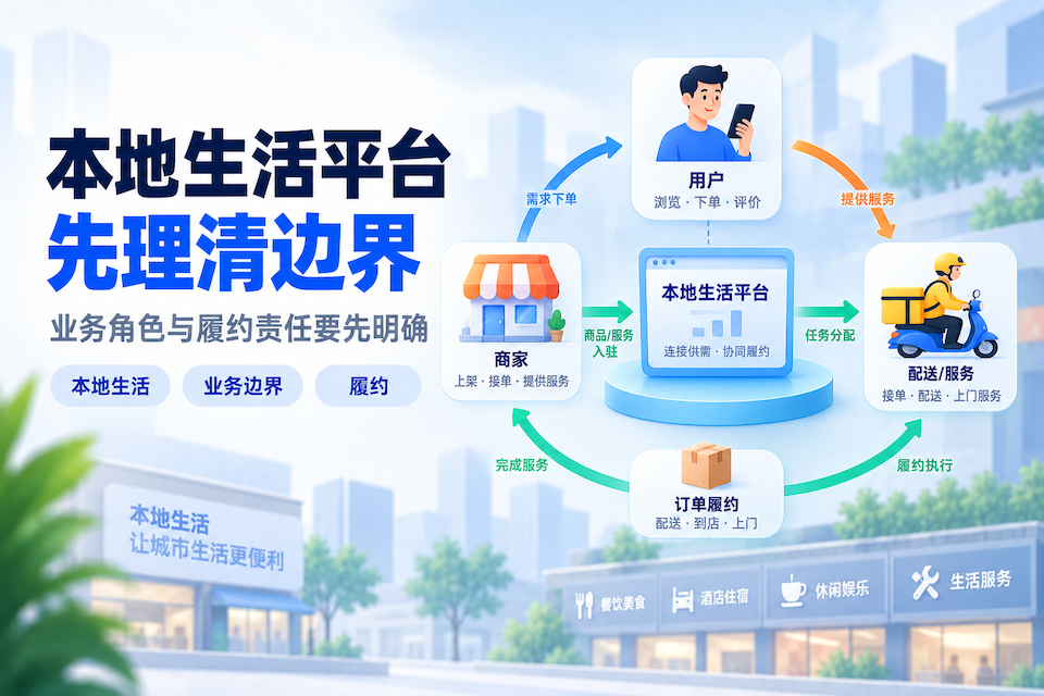 用户、商家、平台、履约和配送在同城服务中的角色关系示意