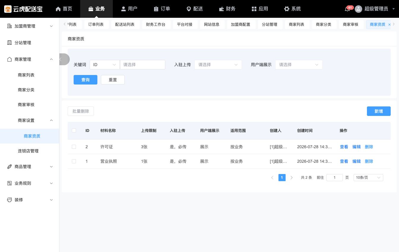 商家资质与业务配置