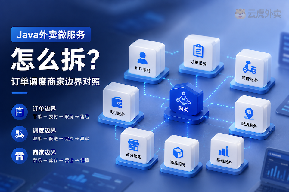 Java外卖微服务拆分：订单调度商家三域边界对照示意