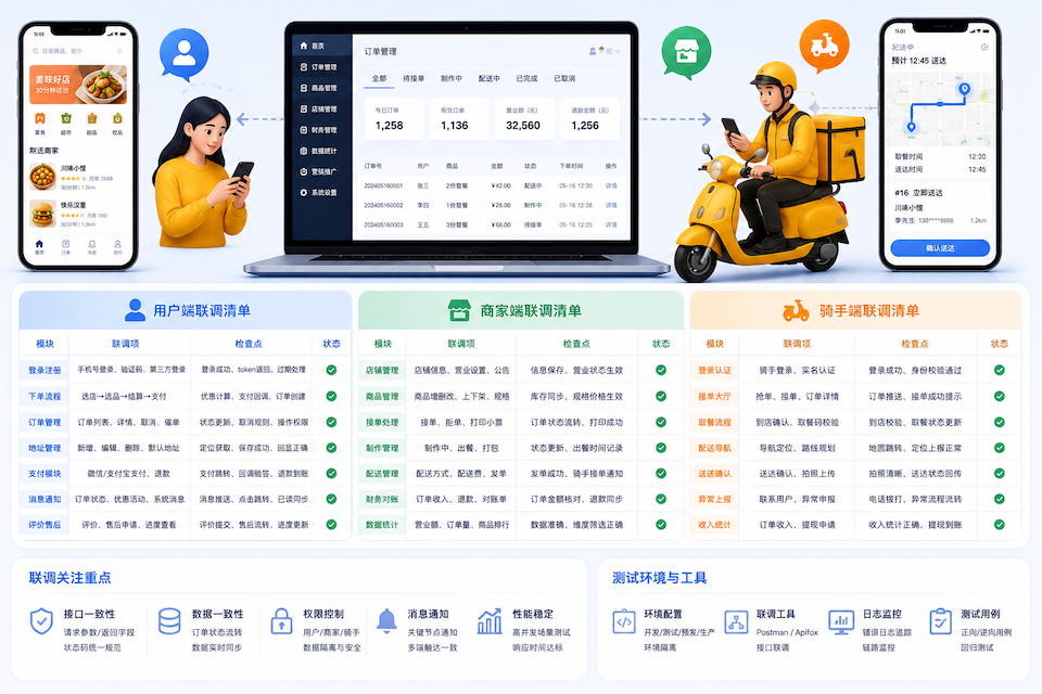Java外卖系统多端联调：用户商家骑手对照清单示意