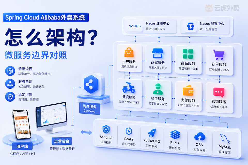 Spring Cloud Alibaba外卖系统：微服务边界与组件底座对照示意