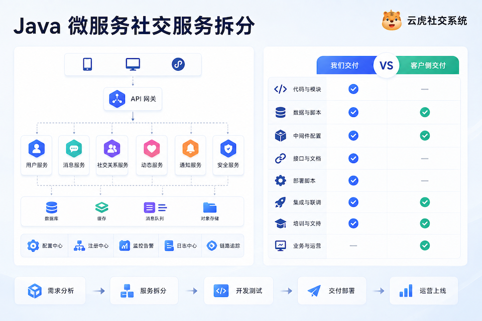 Java微服务社交服务拆分与交付边界对照示意