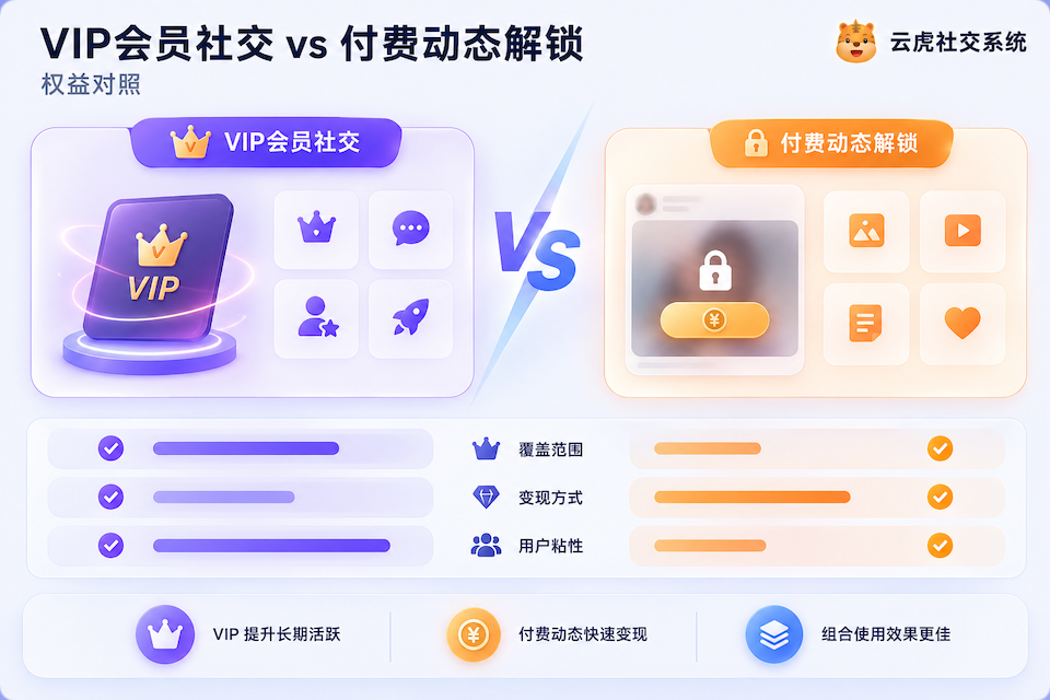 VIP会员社交与付费动态解锁：权益机制对照示意