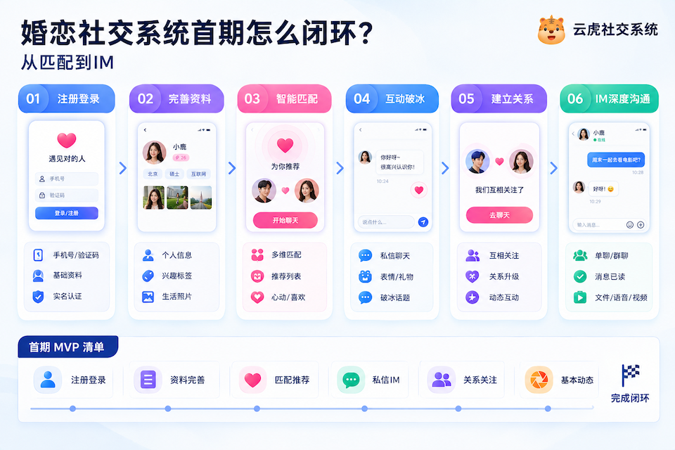 婚恋社交系统首期闭环:从匹配到IM验收路径示意